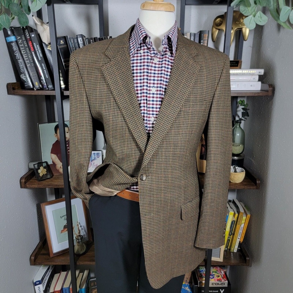 Jos A Bank Men's Sport Coat‎ Blazer Two Button Brown Houndstooth Wool Size 43L